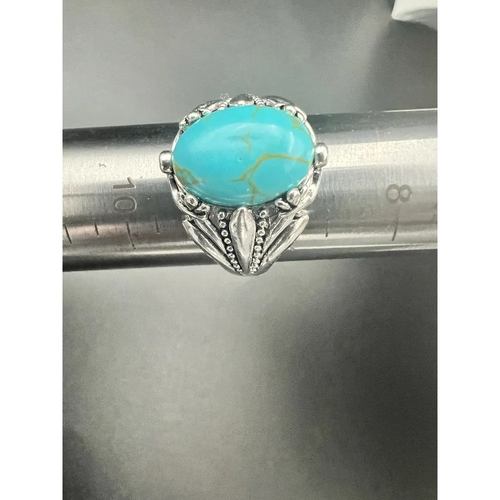Vintage Style Faux Turquoise Silver Tone Statement Ring Size 9 Southwestern